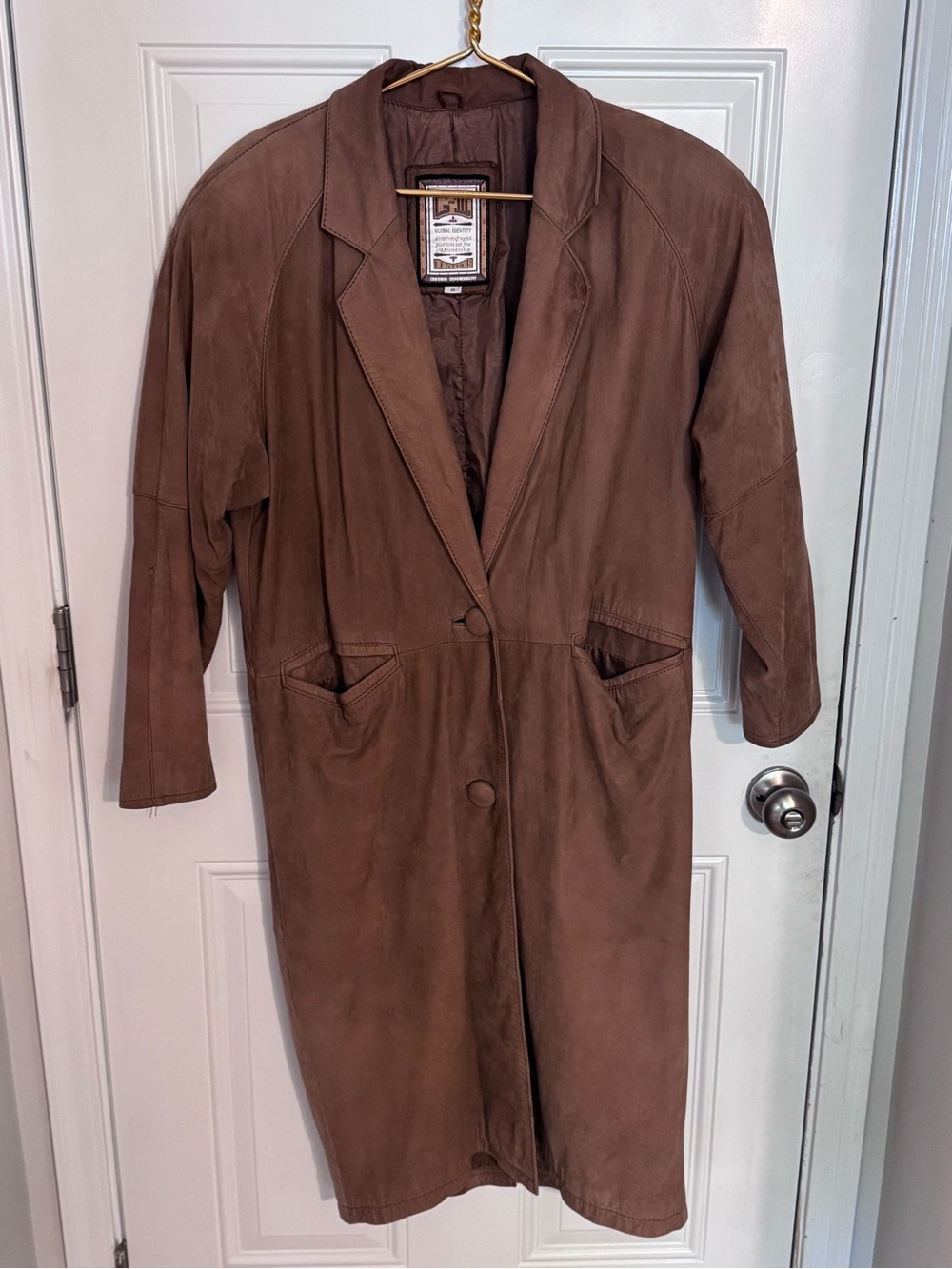 Vtg Global Identity 100% Leather Brown Trench Coat Women’s Sz Med Old Money